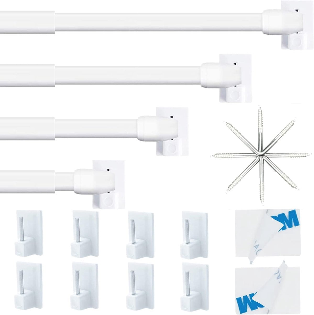 Vitragestangen set van 4 stuks uittrekbaar wit 80-140 cm voor raamdecoratie zonder boren