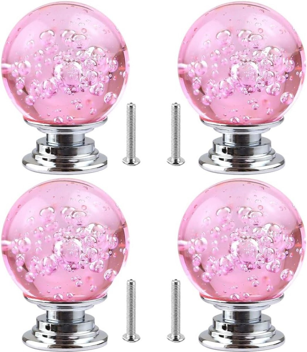 Set van 4 Kristallen Meubelknopjes in Roze met Bubble Glas Design