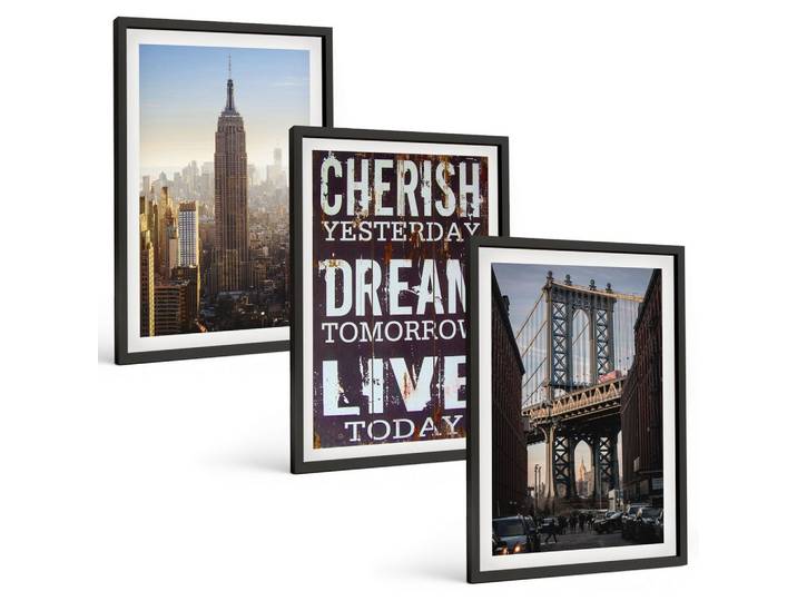 BILDER SET 3er Set - 40x60 cm Schwarzer Rahmen - Zitat über New Yorker Landschaften