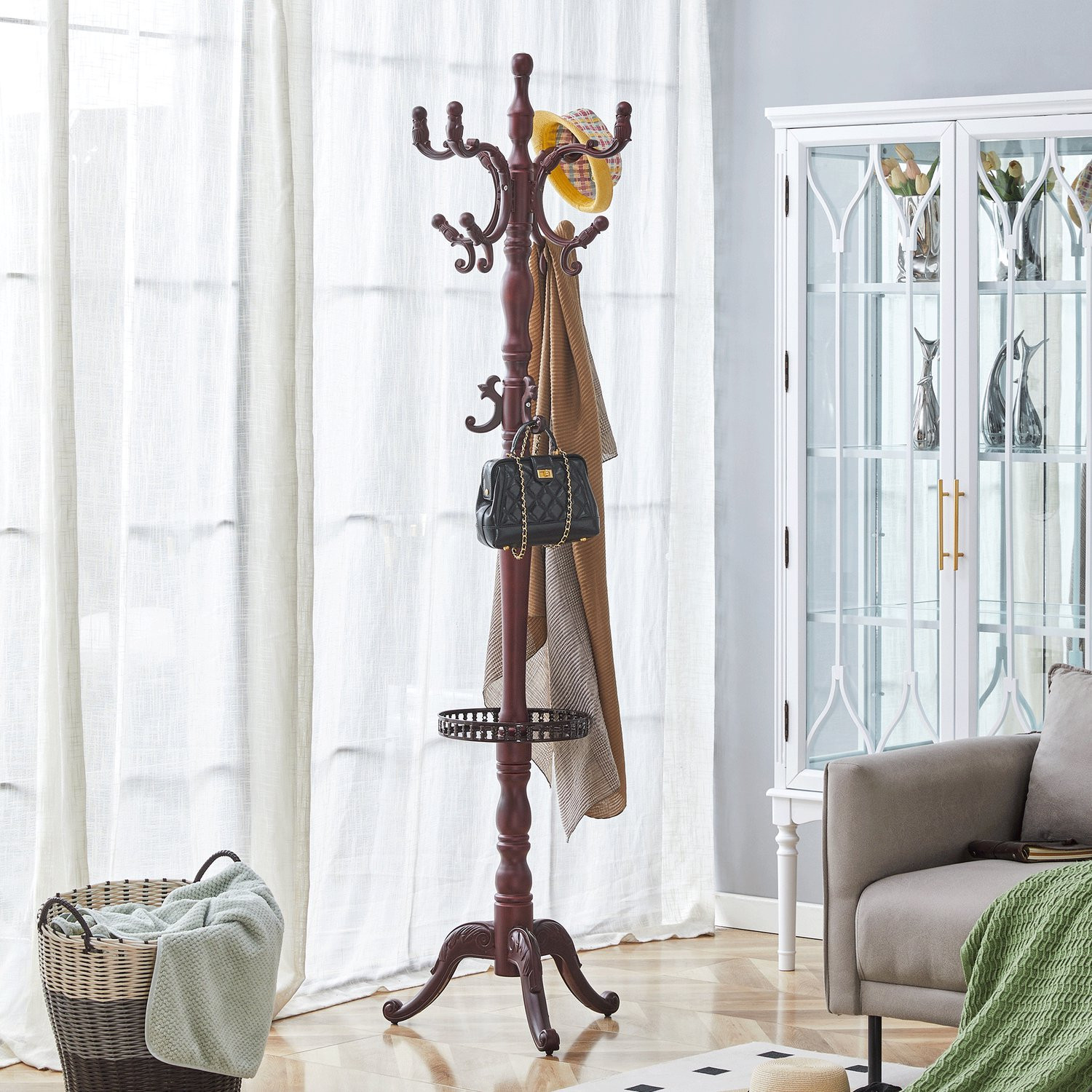 CHICFURN Vrijstaand Kledingrek met Meerdere Haken - Walnootkleur