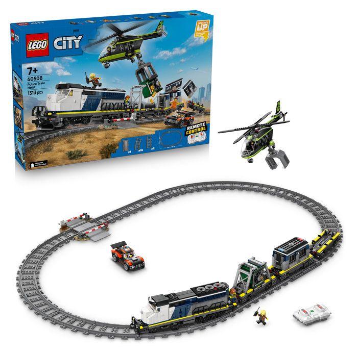 LEGO City 60508 Polizei Zug Überfall, Bauset mit Lokomotive, Helikopter, Rallye Auto und 6 Minifiguren