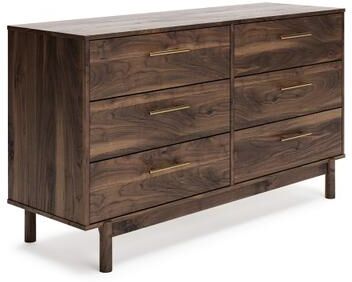 Benjara Kip 59 Inch Modern Dresser, Brown Wood Frame, 6 Drawers, Gold Metal Handles