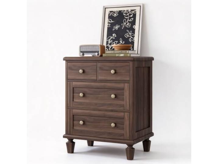 Koioplie Kommode 4 Schubladen Mid-Century Konische Beine Dunkelbraun Konische Beine, Blumengriffe, heller Braunton, Schlaf- & Wohnbereich