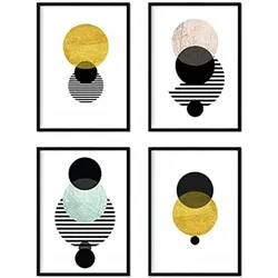 POSTER Set mit 4 Geometrische Nordischer Kreisen A4 Schwarzer Rahmen