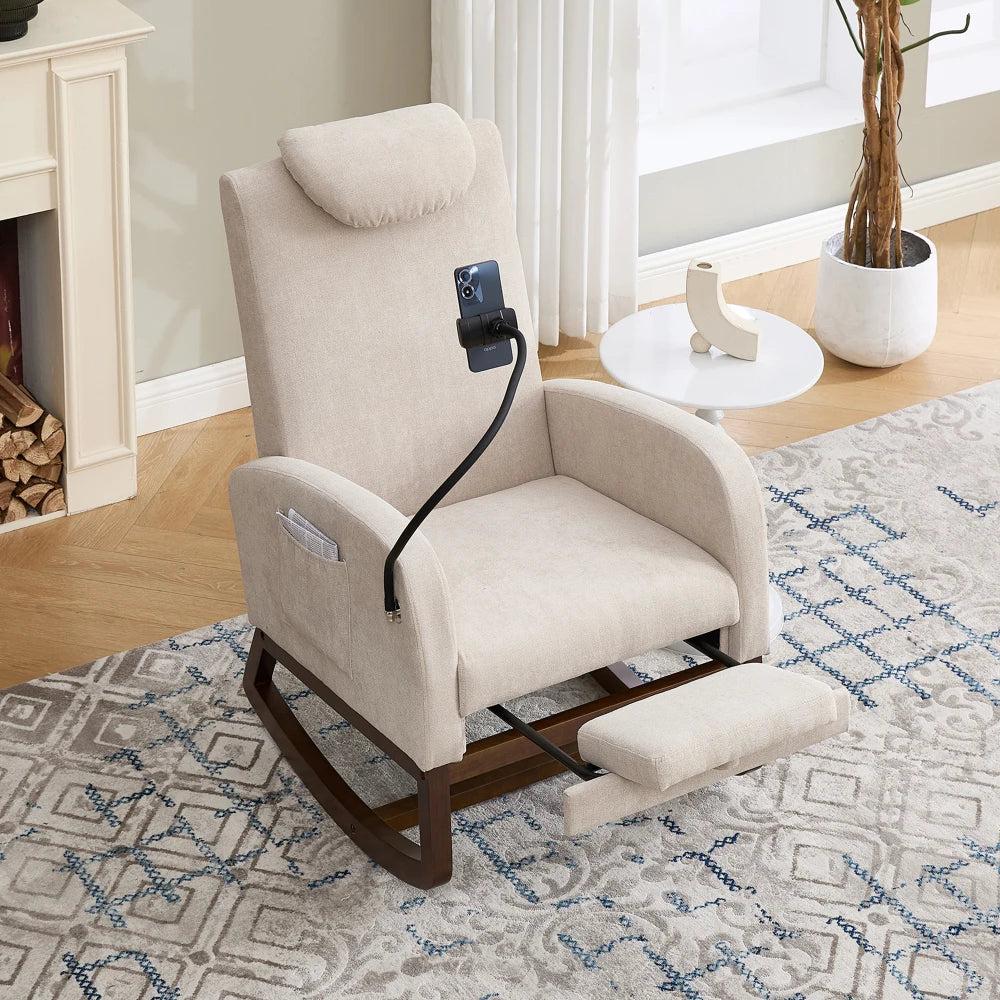 Schaukelstuhl - Loungestuhl - Schaukelsofa - Ohrensessel - Beige Leinenstoff - Verstellbare Kopfstütze