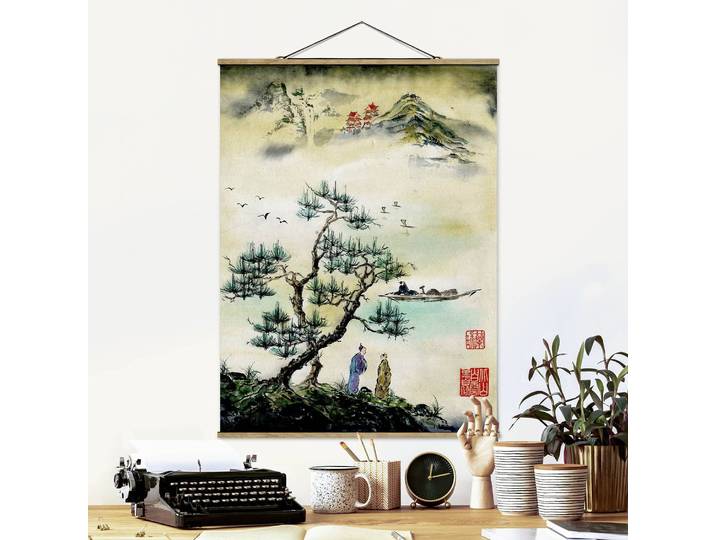 Stoffbild Japanisches Bergdorf Webstoff Grün 100 x 134cm