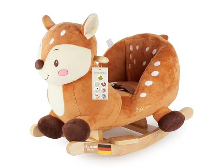 Bieco Plüsch Schaukeltier REH Lina, 60 cm Kinder Schaukelstuhl mit Sicherheitsgurt Baby Schaukel Schaukel Kleinkind Schaukeltier Baby Schaukelwippe ab 9 Monate Schaukelpferd Holz