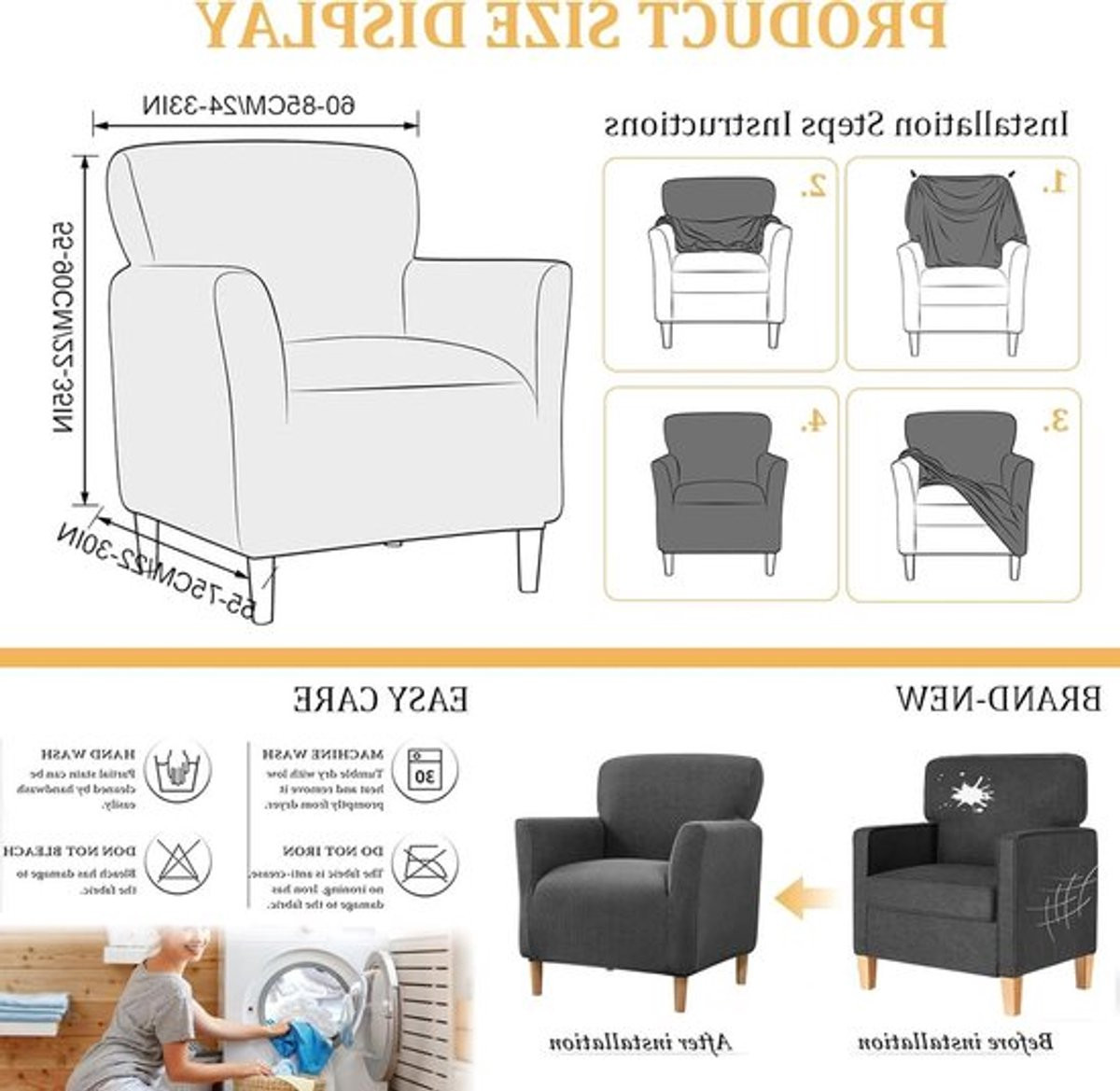 Elastische stretch fauteuilhoes met armleuningen voor 1-zits stoelen en banken