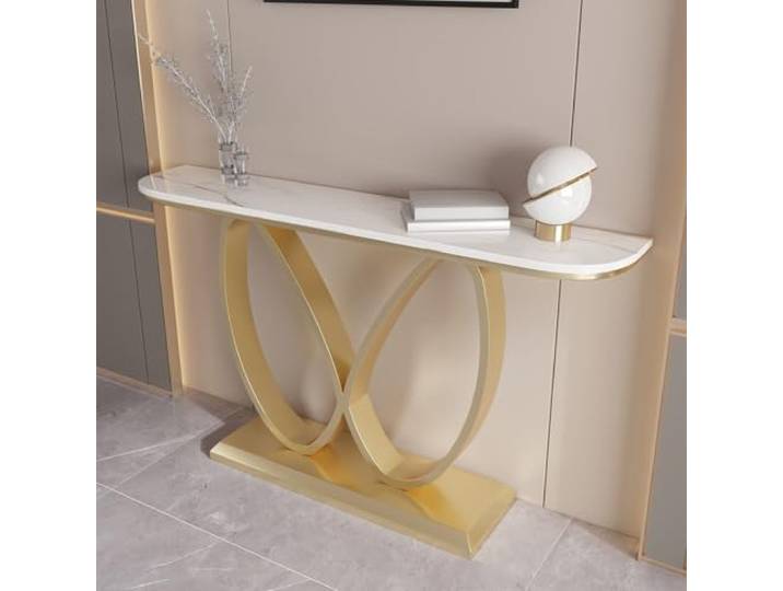 LJWFZBD Schmaler Konsolentisch, Sintersteinplatte, Metallrahmen für Eingang Sintersteinplatte, Kratzfest, Schmaler Flurtisch, Modernes Design, Stabile Konstruktion(Gold+White,47.2 (120cm))