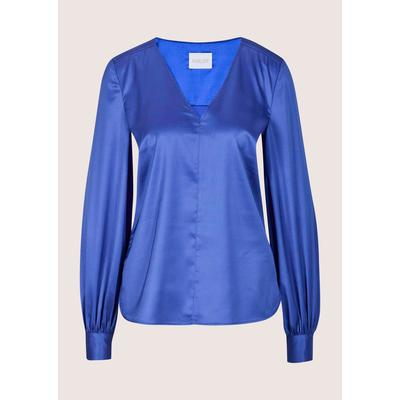 Langarmbluse MADELEINE "Satinbluse Blusenshirt mit schimmerndem Glanz", Damen, Gr. 36, blau (azurblau), Obermaterial: 100% Polyester PES., Modern, gerade, V-Ausschnitt, Blusen, Markante Mittelnaht