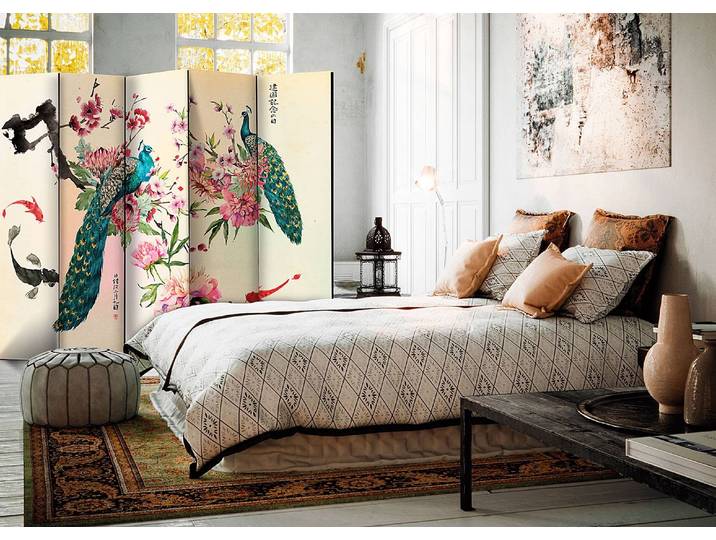 Paravent Peacock Love acoustique Intissé sur bois massif Turquoise/Beige 225 x 172cm