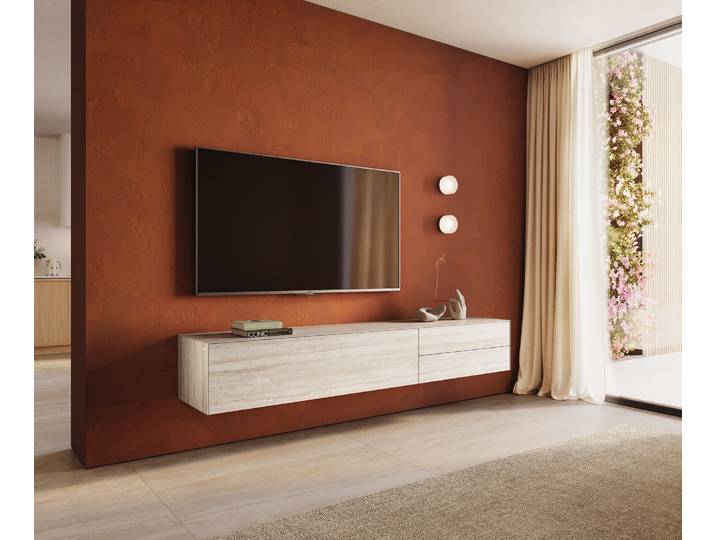 Meuble TV Cuor 220 cm Céramique Laminam® Travertino Bianco Crème blanc 1 Clapet 2 Tiroirs Flottant