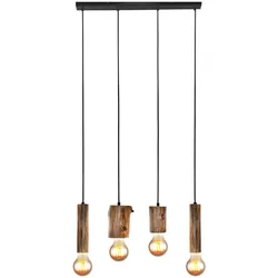 Pendelleuchte Holz Hängeleuchte Vintage Deckenlampe Küchen, Metall schwarz Eukalyptus, 4 flammig, H 150 cm, Esszimmer Wohnzimmer