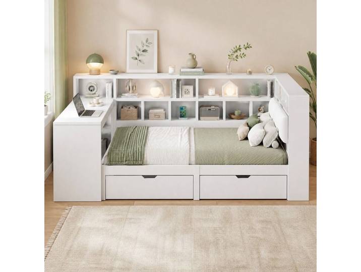 Lit plateforme - ZEVKOR - Modèle L 140×200 - Bureau intégré - Bibliothèque & tiroirs - LED intégrée