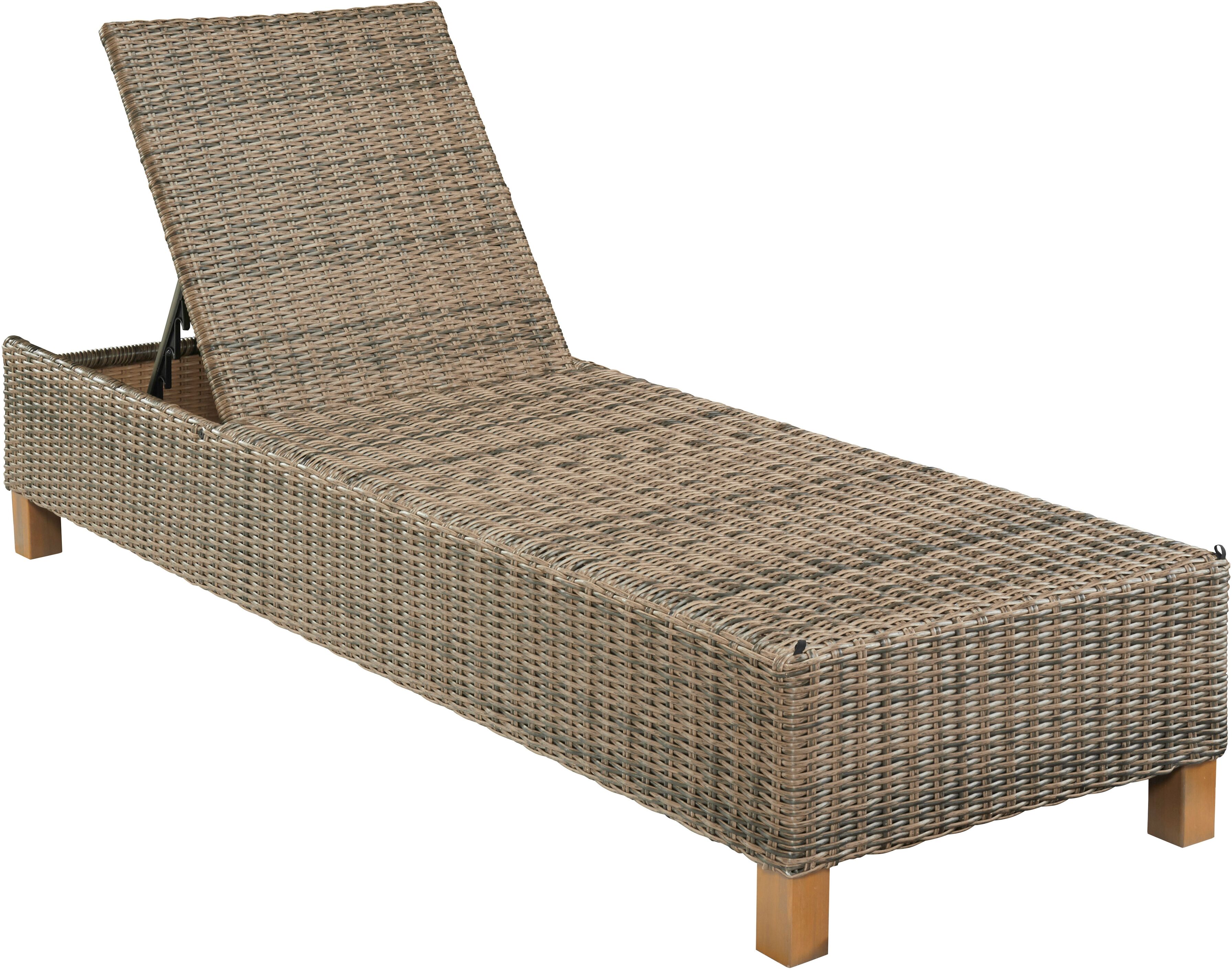 Gartenliege MERXX "Toskana", braun (beige), Obermaterial: 100% Polyester. Füllung: 100% Polyurethan, Gartenliegen, Gartenliege, Polyrattan/Akazie, inkl. Auflage beige Einheitsgröße