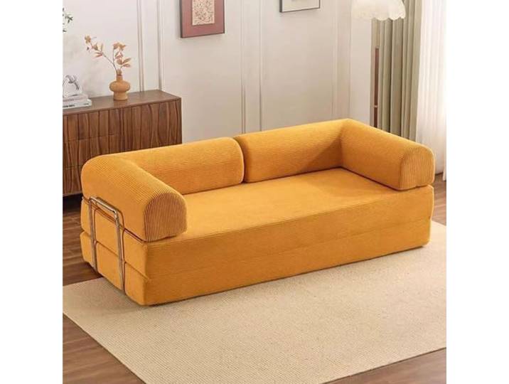 Rytgdxss Schlafsofa,Klappbare Matratze– 2-Sitzer Boneless,Vollschaum & Extra Tief,Stahlgestell & 2 Kissen,Kein Aufbau nötig,Kompressionssofa für Gäste & Alltag(Ingwergelb) L:180cm