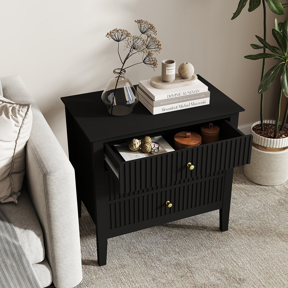 Pair of Large 3 Drawer Bedside Tables - Hales Black Range Manufactured Wood, Metal