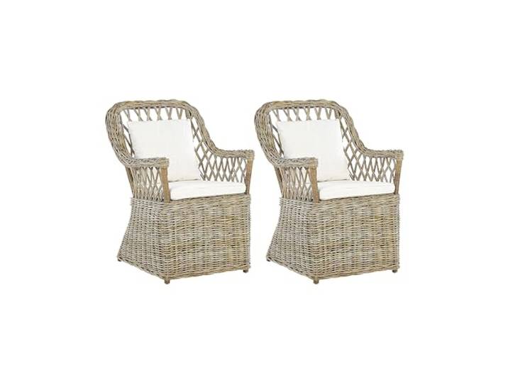 Beliani Gartensessel mit hoher Lehne Rattan natürlich 2er Set Auflagen weiß Boho Maros