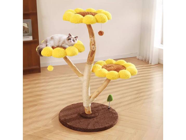 Tour d'escalade de luxe pour chat avec griffoir, tapis et accessoires en bois, maisonnette, bac à sable, décoration intérieure