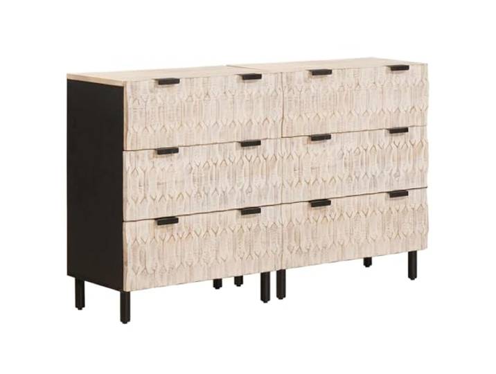 KUPTYERFG Sideboard 2er Set Massivholz Mango Weiß Gewaschen 120x33x75cm Minimalistisches Anrichte Set aus echtem Holz mit Metallbeinen und viel Stauraum für Wohnzimmer und Esszimmer.