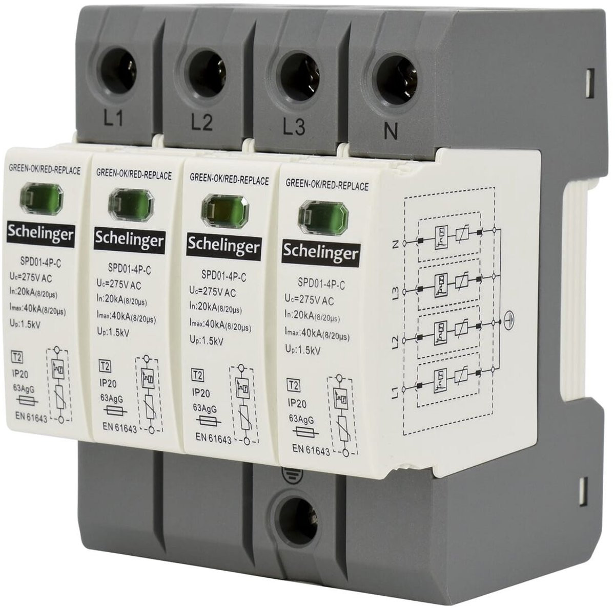 Schelinger Overspanningsbeveiliging 4-polig, 20kA (8/20), Type T2 (C), 275V AC, DIN-rail
