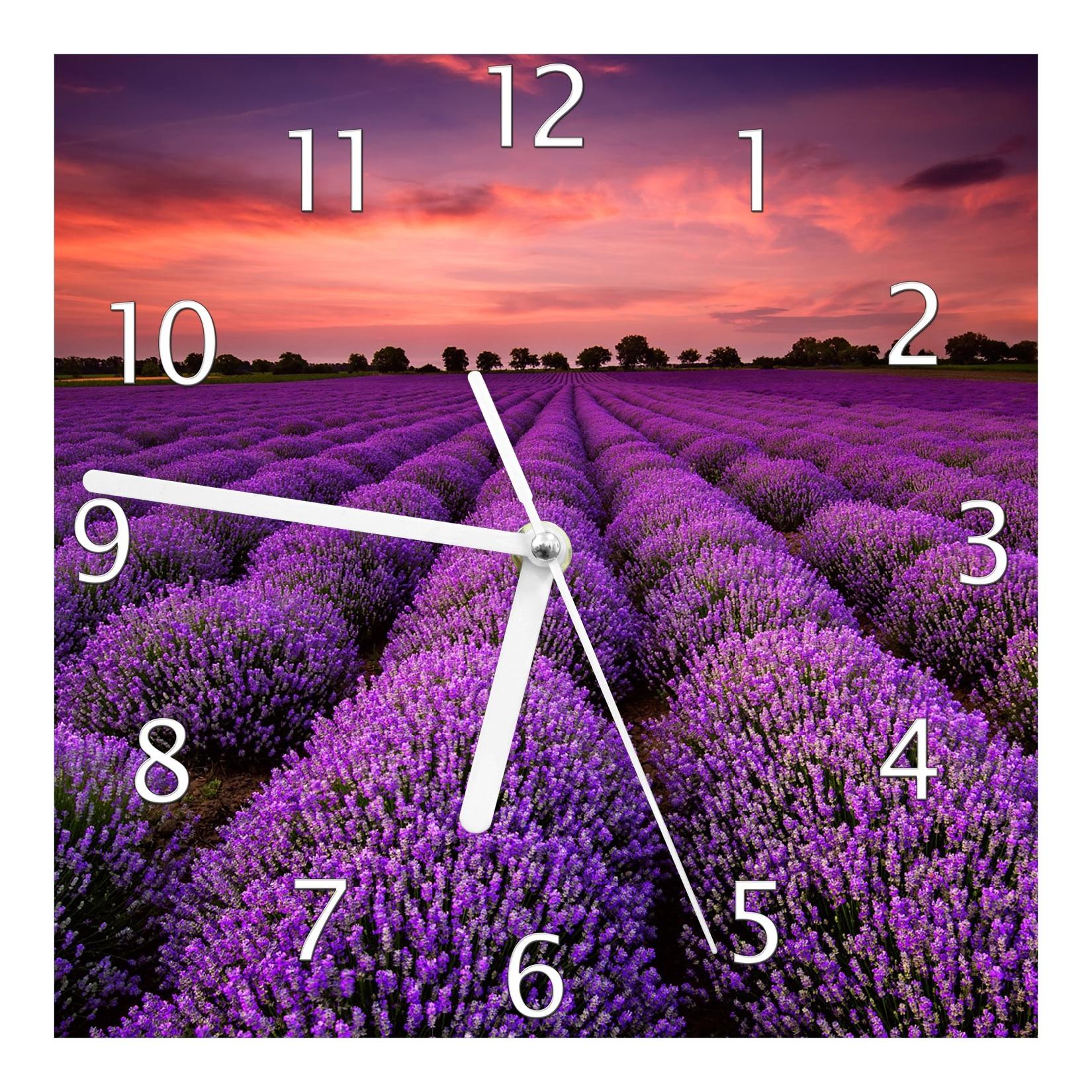 Wallario Uhr 30 x 30 cm, weiße Zeiger Lavendelfeld unter rotem Himmel