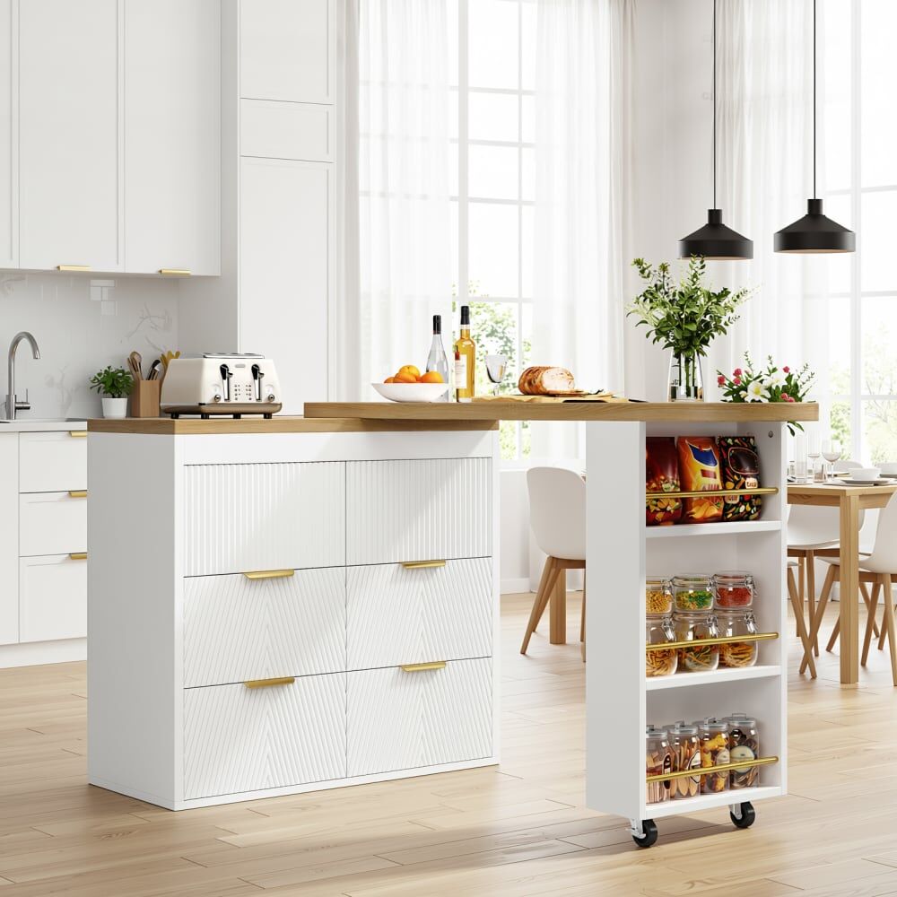 Urban Meuble Table de bar extensible blanc effet bois, 360° pivotant et 6 tiroirs Blanc 203x90x39cm