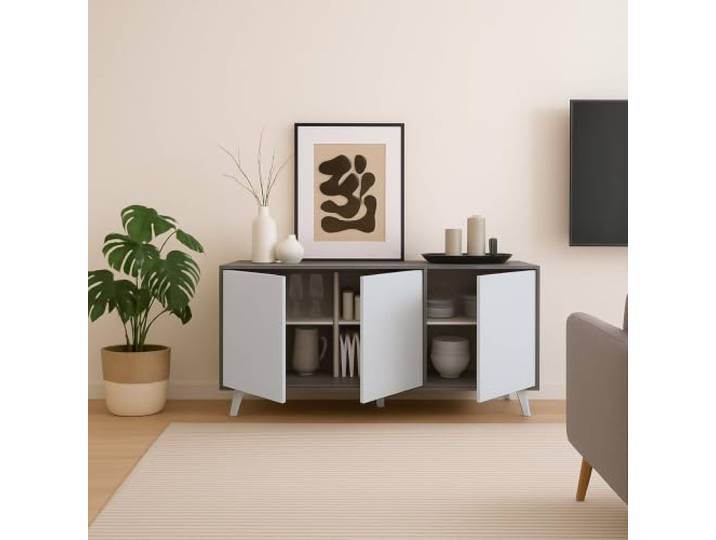 Dmora - Kommode Weddell, Wohnzimmerbuffet, Wohnzimmer-Sideboard, Moderne Küchen-Speisekammer, 154x40h72 cm, Hellgrau und Weiß