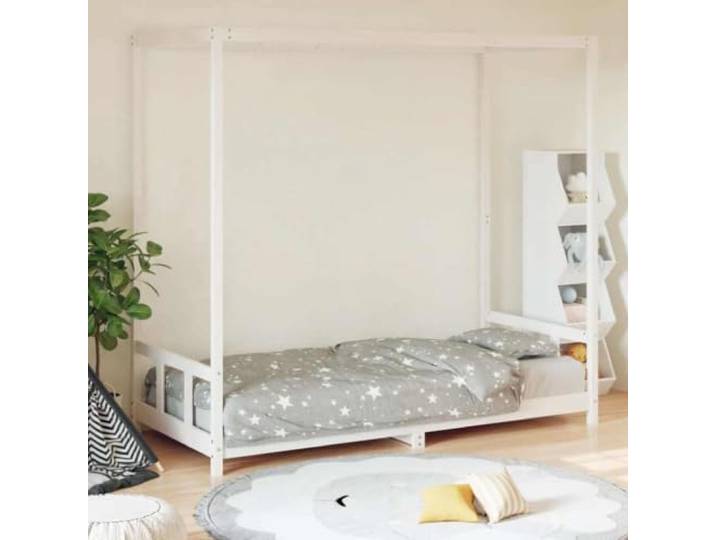LPERTGFHU Kinderbett Massivholz Kiefer für 90x190 cm Matratze Weiß Rustikaler Look, Integriertes Baldachin-Design, Niedrige Einstiegshöhe