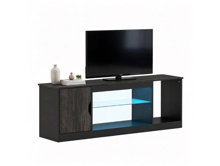 GIANTEX Meuble TV à 65  avec Lumières LED Ajustables Banc TV avec Cabinet à Porte 148X35X53CM Charge 150KG Noir
