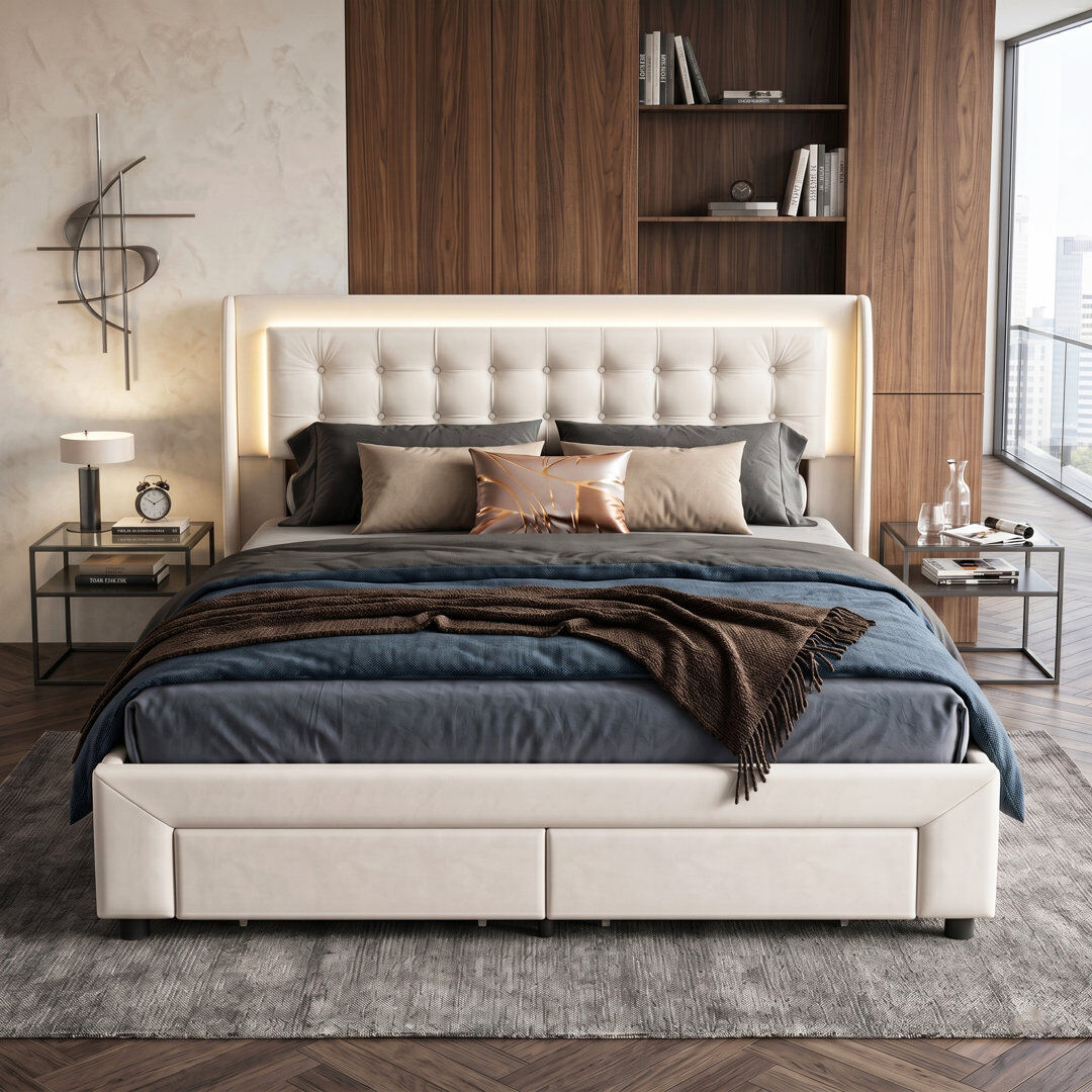 Canora Grey EU Kingsize Velvet Ottoman Bed with 2 Footboard Drawers & LED Headboard, Beige, 160x200cm Beige 100.5cm H X 165cm W X 203cm L