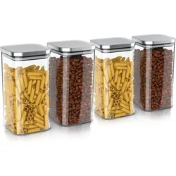 Arendo Vorratsgläser 4er Set 1,65 L, Borosilikatglas eckig mit Edelstahldeckel, luftdicht, Vorratsbehälter, Transparent