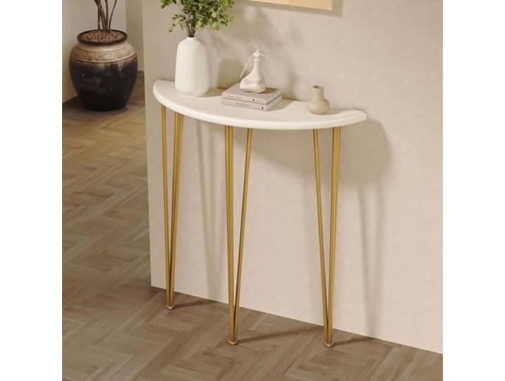 Konsolentisch Schmal Flur, Halbmund Eingangstisch aus Holz und Metall Platzsparender Beistelltisch für Flur,Wohnzimmer,kleine Räume,Robuster Sofatisch für Dekoration(Gold,23.6*31.5in/L60*80cm)