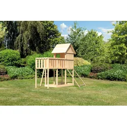 Akubi Stelzenhaus Frieda mit Anbauplattform und Netzrampe naturbelassen