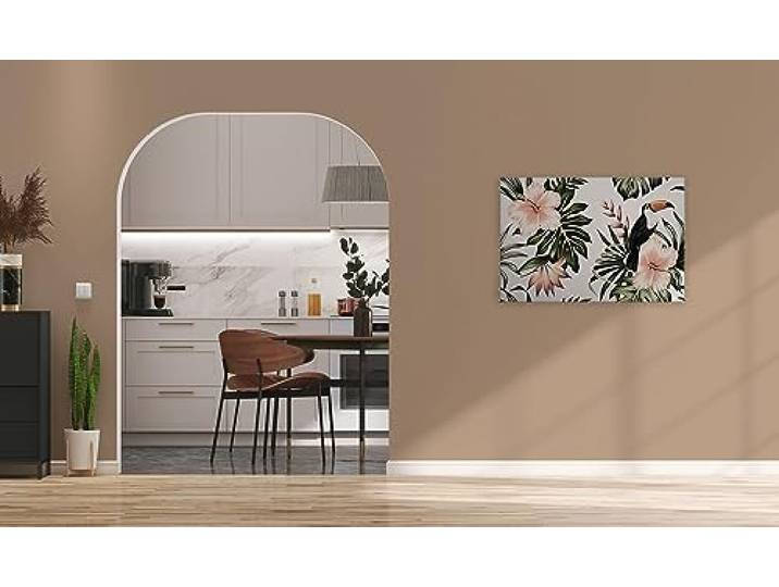 A.S. Création Leinwandbild Blätter mit Tukan - Kunstdruck grün weiß - 90x60 cm Querformat - Moderne Wanddekoration Schlafzimmer Wohnzimmer Küche - Bild auf Keilrahmen