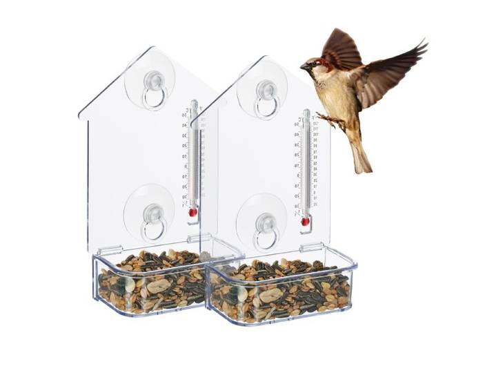 Relaxdays Fenster-Vogelfutterhaus mit Thermometer