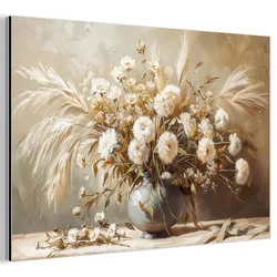 METALLBILD Blumen - Vase - Stilleben - Beige Deko Groß 120x80 cm
