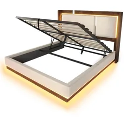 OKWISH Polsterbett Leinen Beige mit Walnuss-Dekor, 140x200 cm, LED-Beleuchtung, Hydraulik-Bettkasten, Lattenrost