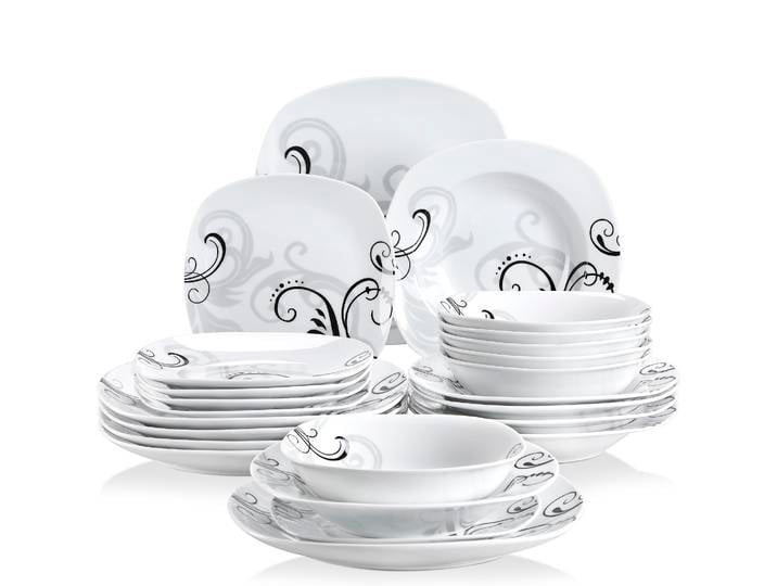 VEWEET 24/48 pièces décalcomanies noires dîner ensemble combiné ensemble de vaisselle en porcelaine avec bols assiettes à Dessert assiette à soupe assiettes à dîner