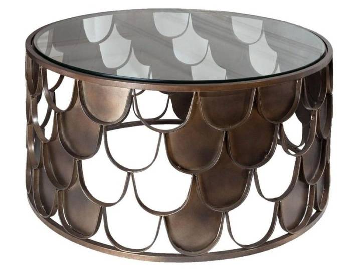 Table basse METRIX ronde 60 cm bronze avec structure effet écaille – Table basse design en métal et verre trempé