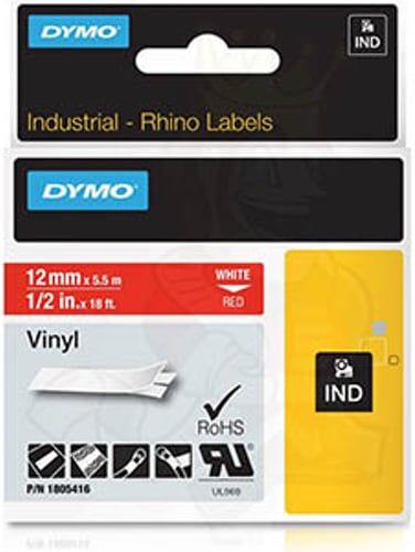 Dymo RHINO 1805416 fita branco sobre vermelho 12mm