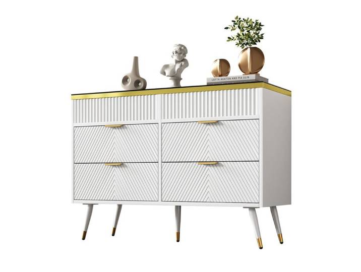 VLIVRA Commode - avec 6 tiroirs et sécurité anti-basculement - pour chambre - en verre et panneaux - 120×40×76 cm - blanc