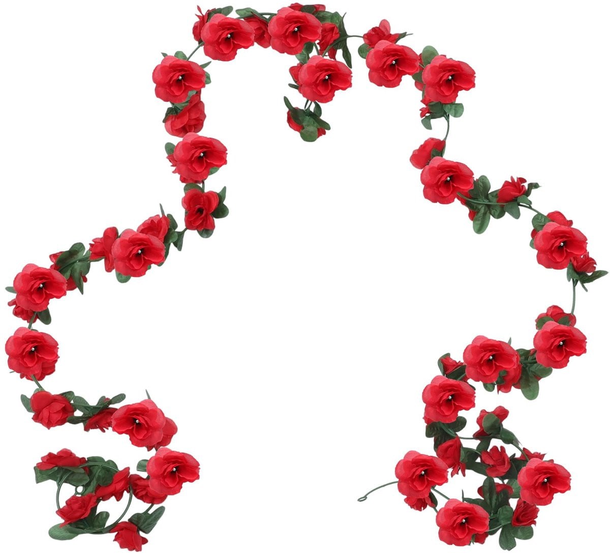 Dailygoody Kunstbloemen Slinger - Decoratieve Bloemenkrans met Groene Bladeren - Rood - 220 cm