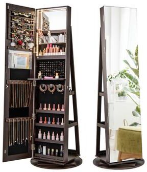 Costway 360° Rotating Mirrored Jewelry Cabinet Armoire 3 Color LED Modes Lockable-Espresso