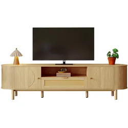 TV-Schrank 175x36x51 cm mit Rattanschubladen, Kabelführung, Holzlattenstruktur und Metallbeinen in Natur, elegantes Design
