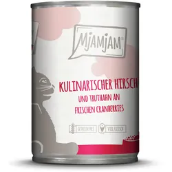 MJAMJAM Leckere Mahlzeit 400g Dose Katzennassfutter 6 x 400 Gramm kulinarischer Hirsch und Truthahn an frischen Cranberries
