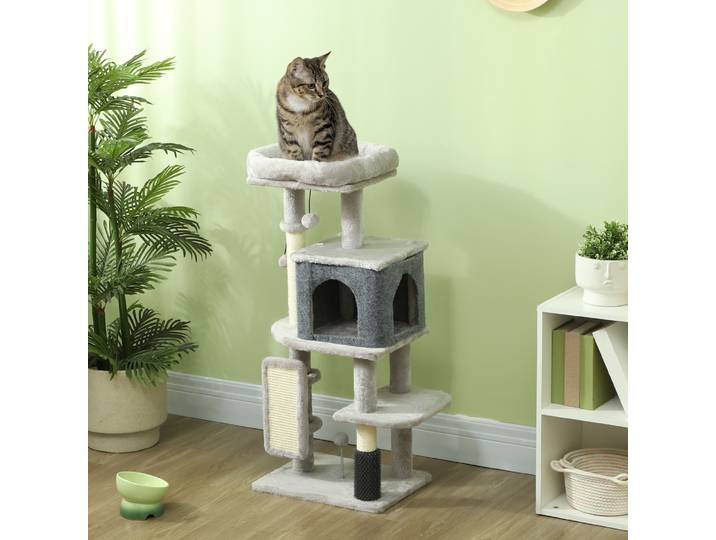 PawHut Arbre à Chat 104cm avec Lit Maison et Brosse Gris Clair
