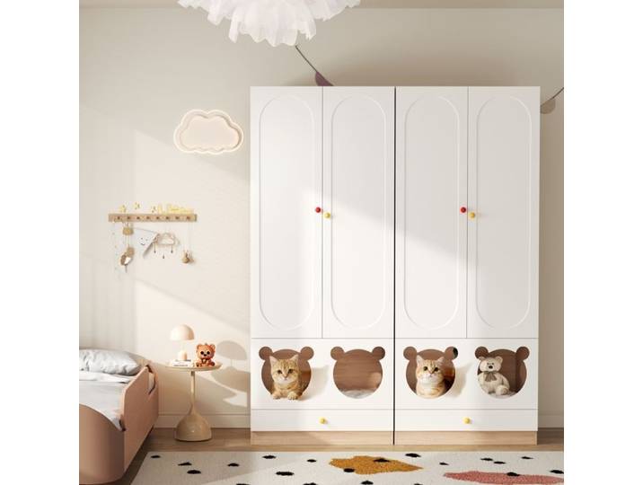 Armoire enfant multifonction - Ensemble de 2 armoires - Tringle à vêtements - Lit pour chat intégré - Panneaux laqués