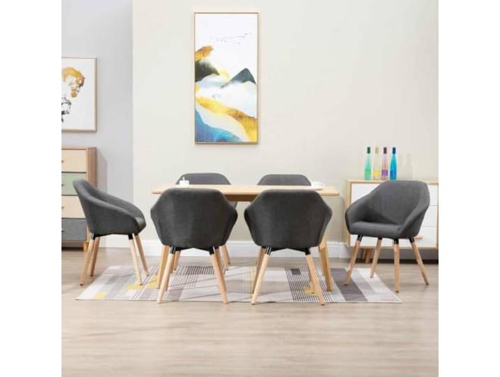 UYPTERF Esszimmerstühle 6 STK. Dunkelgrau Stoff Stoffbezug, dunkelgrau, 6 Stück, Armlehnen, Rückenlehne, schwarzes Metall, Massivholz, Esszimmer, Wohnzimmer