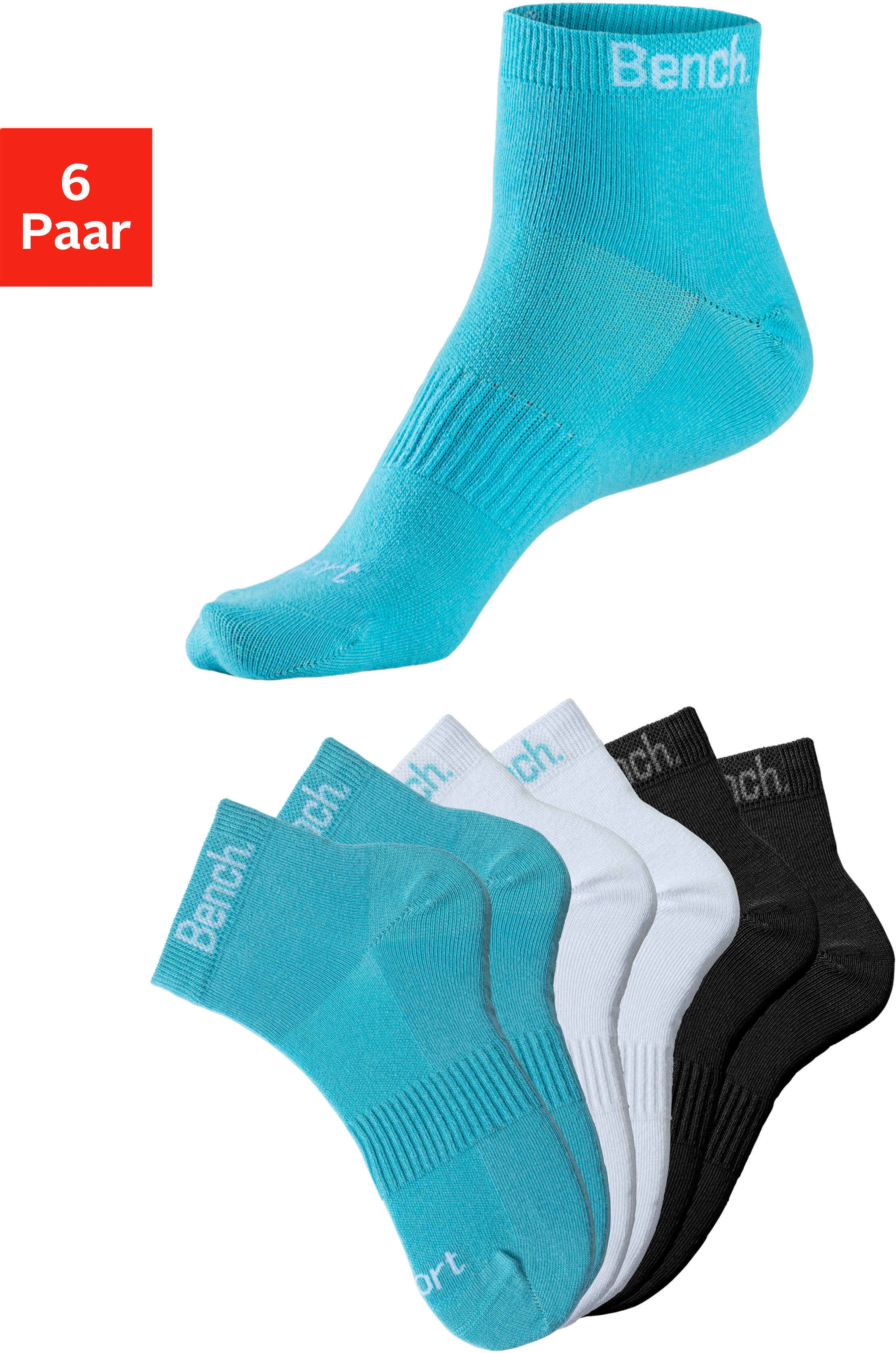 Sportsocken BENCH., Damen, Gr. 39-42, bunt (2x türkis, 2x weiß, 2x schwarz), Baumwollmischung, unifarben, elastisch, Socken Sportsocken, mit antibakterieller Feuchtigkeitsregulierung 2x türkis, 2x weiß, 2x schwarz 39-42